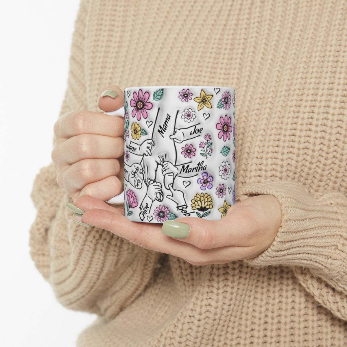 You Hold Our Hand Mug, Personalized Custom 3D Inflated Effect Printed Mug, Gift For Mom/Grandma, Add Custom Names